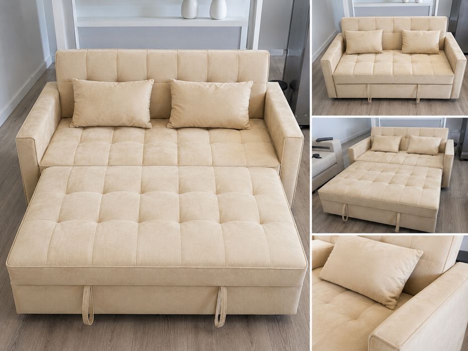 Sofá-cama bege — NOVO, acabou de sair da caixa!