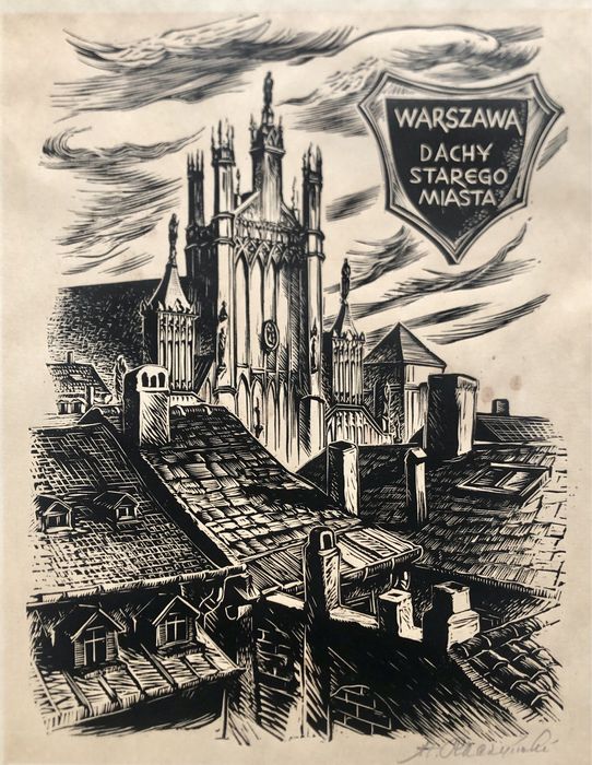 Drzeworyt grafika obraz Warszawa Stare Miasto Stanisław Raczyński
