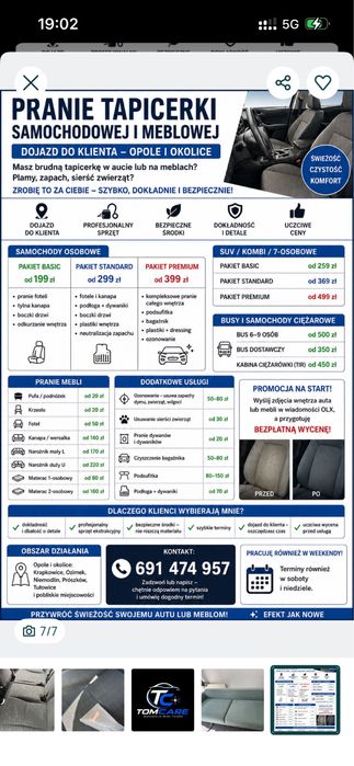 Pranie Tapicerki Samochodowej i Meblowej/ Ozonowanie  /Dojazd do Klienta /Opole i Okolice