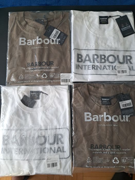Koszulki Barbour international białe z dużym logo i khaki z małym