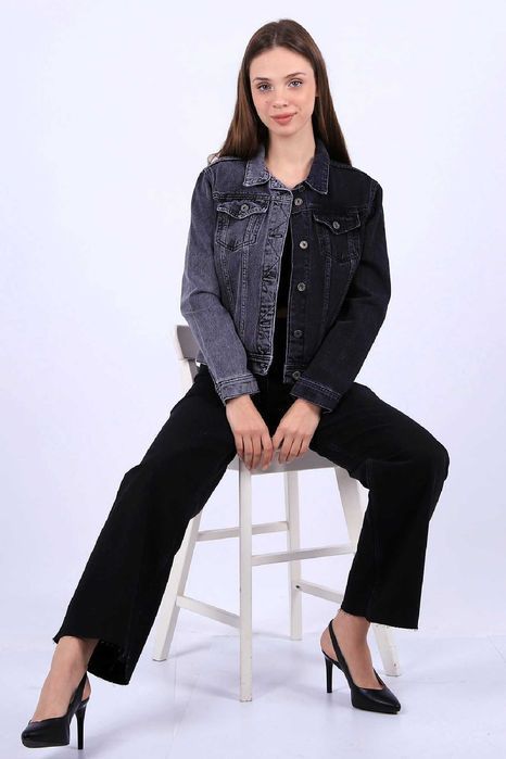 Dwukolorowa krótka kurtka jeansowa - szaro-czarny S