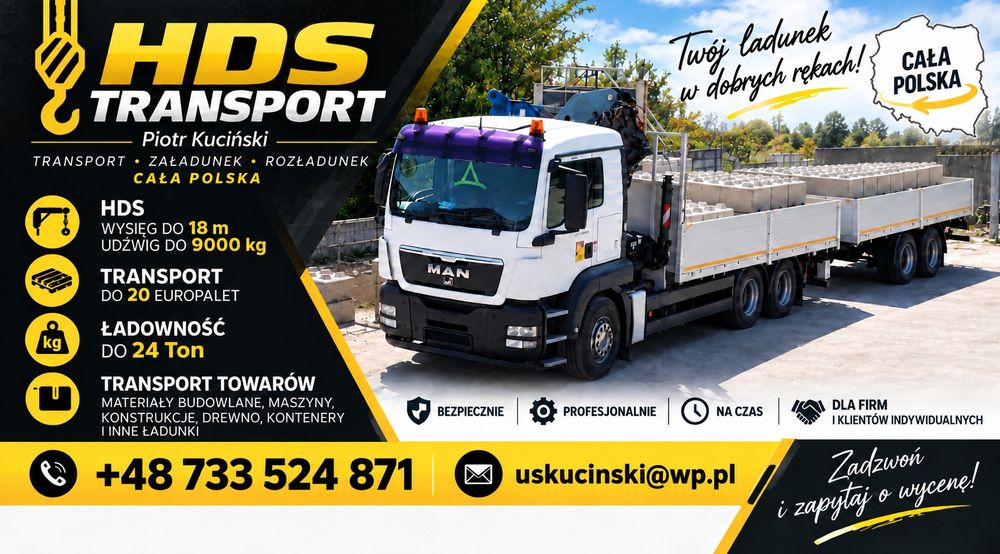 Transport HDS 18m do 9 ton + przyczepa | Cała Polska | 20 palet