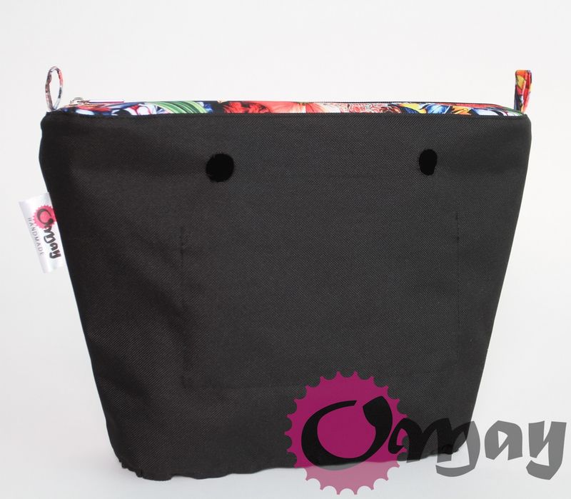 Czarny organizer OBAG MINI +OPASKA kwiaty maki 2 kieszenie wkład OMAY