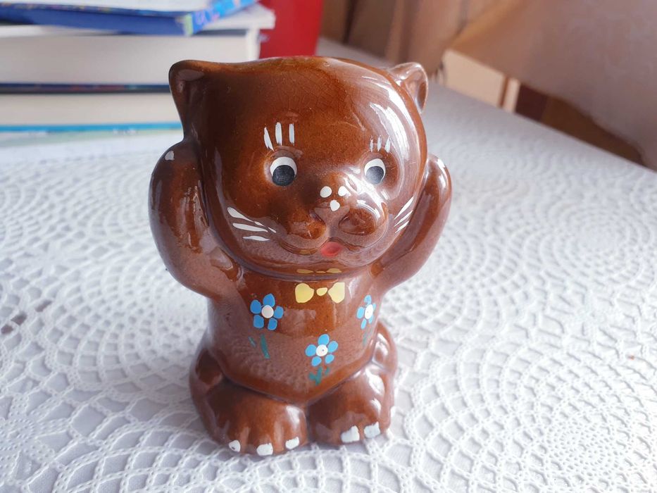 Stara ceramiczna figurka miś kotek lata 70-te PRL cepelia