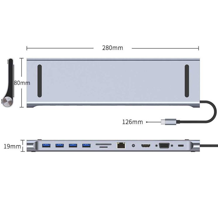 Rozgałęziacz HUB przejściówka USB-C 11w1 4xUSB HDMI SD VGA JACK LAN