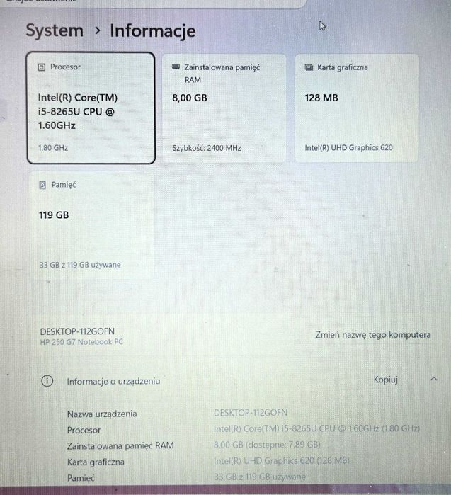 Laptop HP 250 G6 Intel Core i5 8 gen 8 GB RAM SSD 128 GB