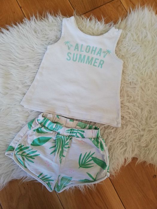 ZARA komplet biało zielony liście top + spodenki r. 86 cm 12-18m.