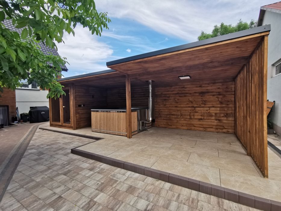 Sauna ogrodowa 9 x3,5m +wiata pod jacuzzi +wiata  na bilard