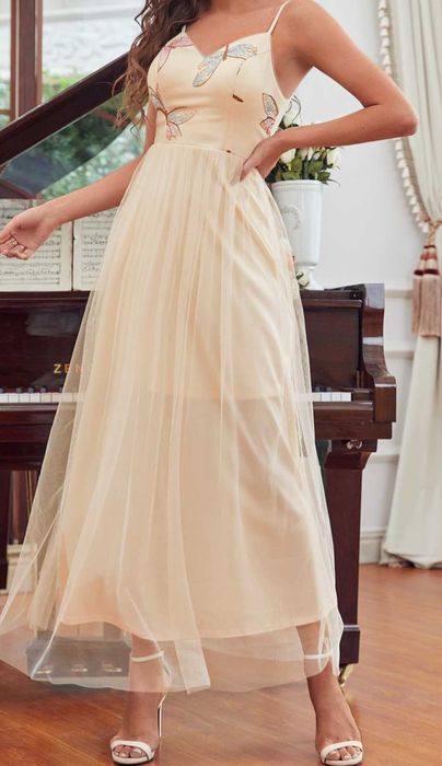 sukienka wesele XL tiulowa zdobiona cekiny kremowa długa zwiewna