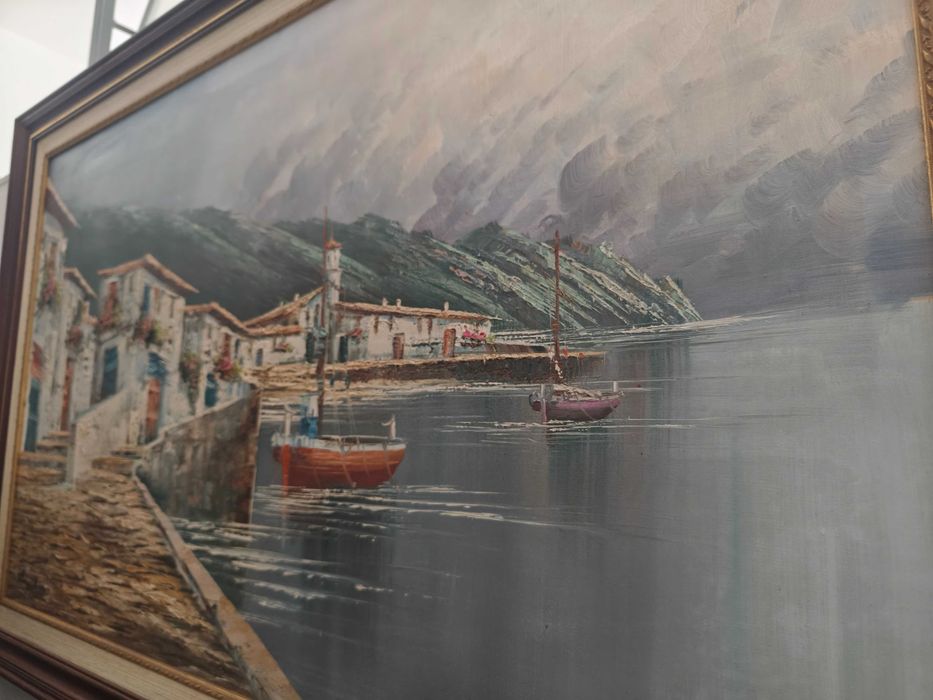Quadro Antigo a Óleo – Aldeia Costeira Portuguesa – Assinado