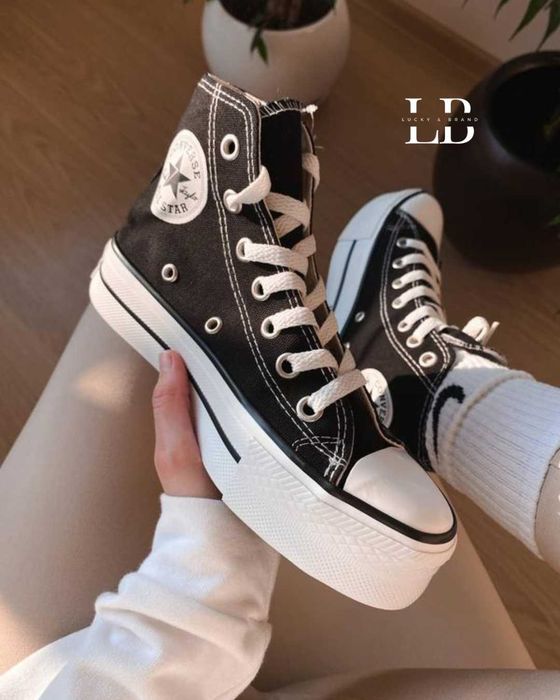 Чорно-білі жіночі та дитячі кеди конверс на платформі Converse all star Chack Taylor Black 36-41р.