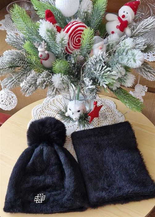 Komplet, czapka i komin, angorka, alpaka, czarny, j.NOWY !