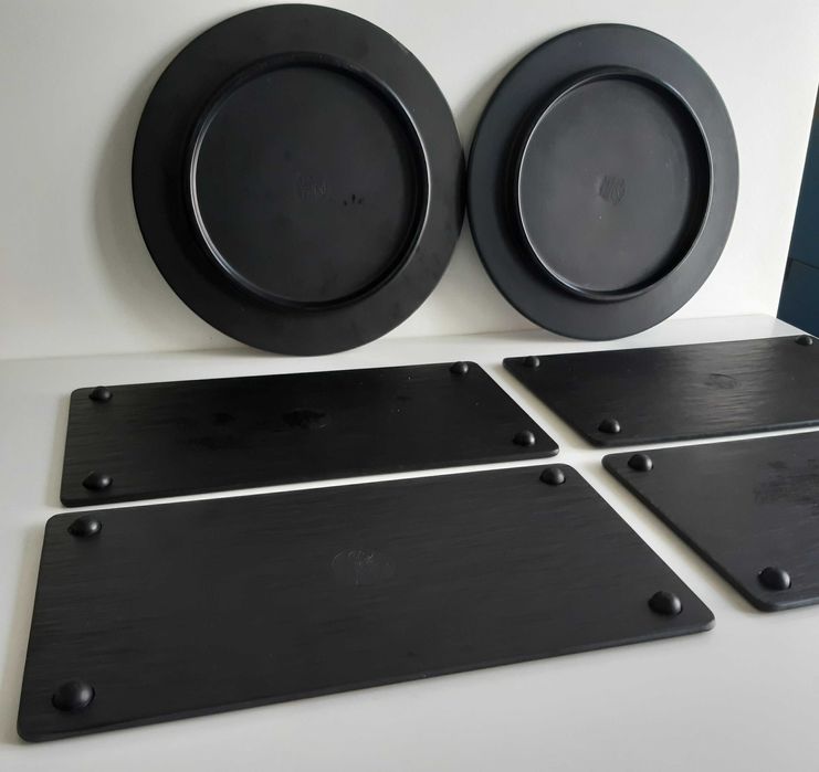 2 Pratos 4 Bandejas Melamina Preta imitar Pedra Expositor Alimentos