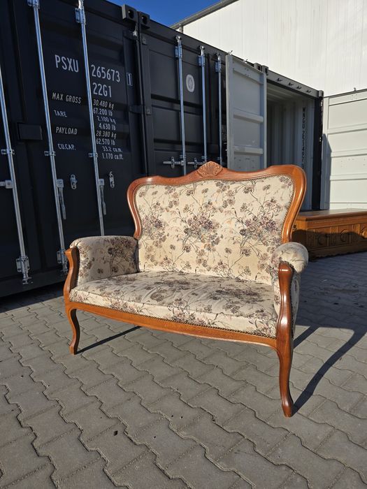Stylowa sofa vintage 2-osobowa, drewniana rama, wygodna, transport