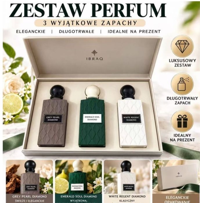 Zestaw 3 perfum Ibraq Diamond – eleganckie perfumy damskie i męskie