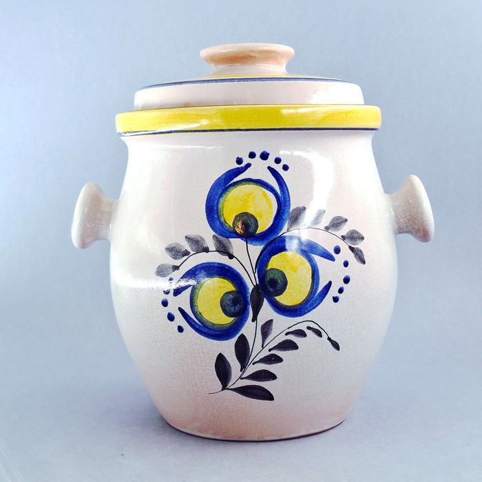 lata 70-te piękny duży malowany garnek gliniany pojemnik z przykryciem