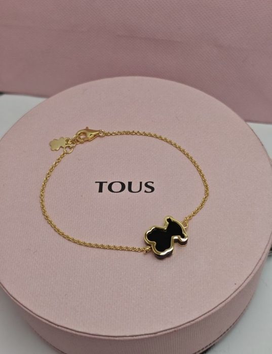 Bransoletka z misiem żółte srebro vermeil 925 czarne szkło akrylowe