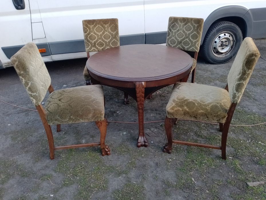 Piękny stół na lwich lapach +4 krzesła antyk