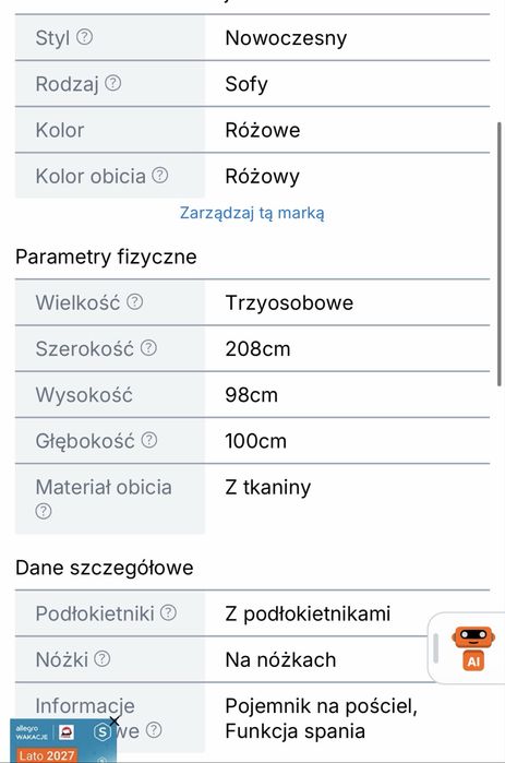 Sofa 3 osobowa rozkladana funkcja spania