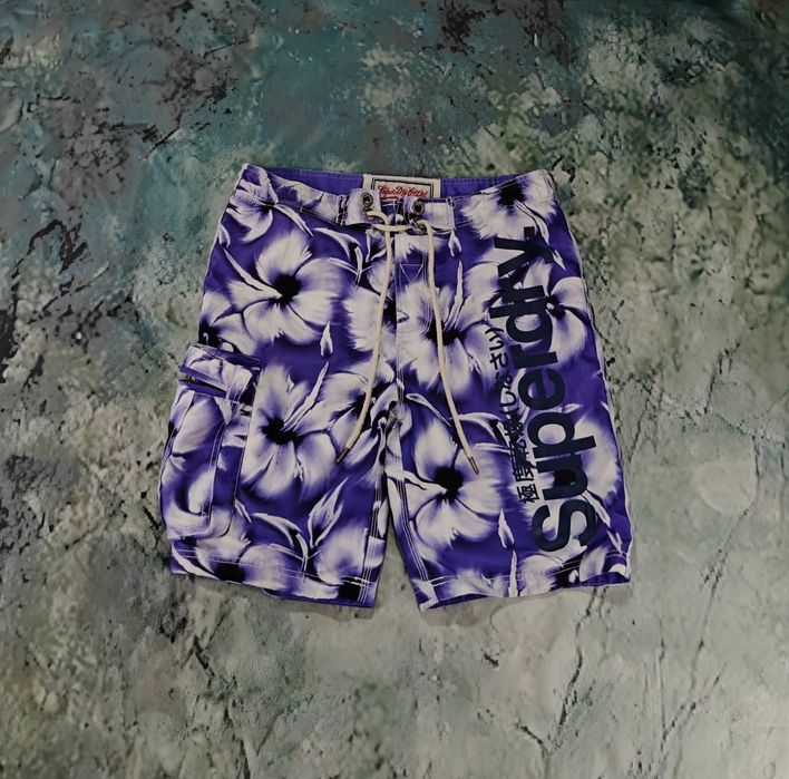 Superdry M Spodenki Kąpielowe / Boardshorts Fioletowe z Kieszenią Cargo - Idealny Stan
