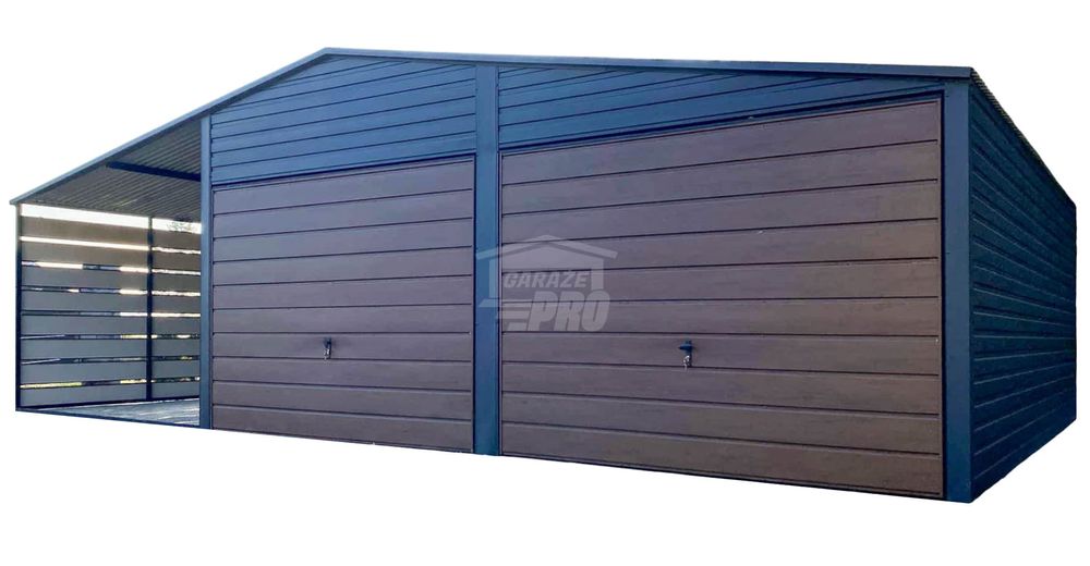 Garaż blaszany 6x6m - wiata 3m - 2x Brama   drewnopodobny GP681
