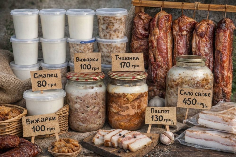 Смалець, вижарки, сало, паштет, тушонка, копченості з домашніх свиней!