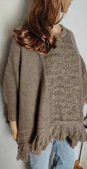 Sweter oversize ponczo brązowy brąz nowy frędzle narzuta ciepła