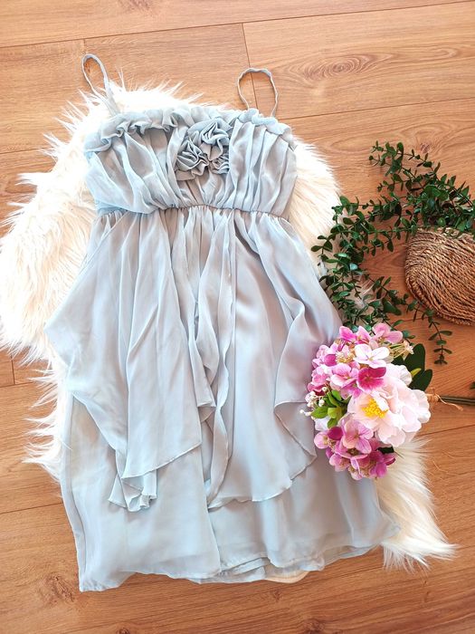 imprezowa szara turkusowa sukienka z falbanką na ramiączkach 36S