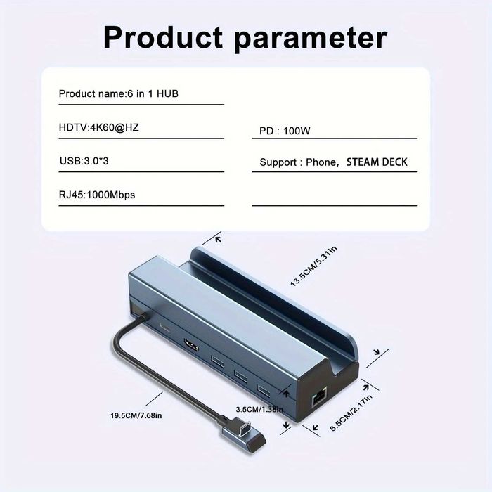 Док-станція Daguaika 6в1 Steam Deck/ROG HDMI/Ethernet/USB 3/USB-C 90W