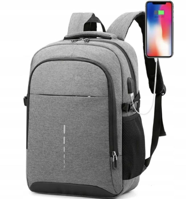 Plecak z wbudowaną wtyczką do powerbanka i kablem USB