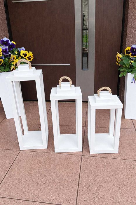 Zestaw 3 lampionów drewnianych dekoracyjnych w kolorze białym