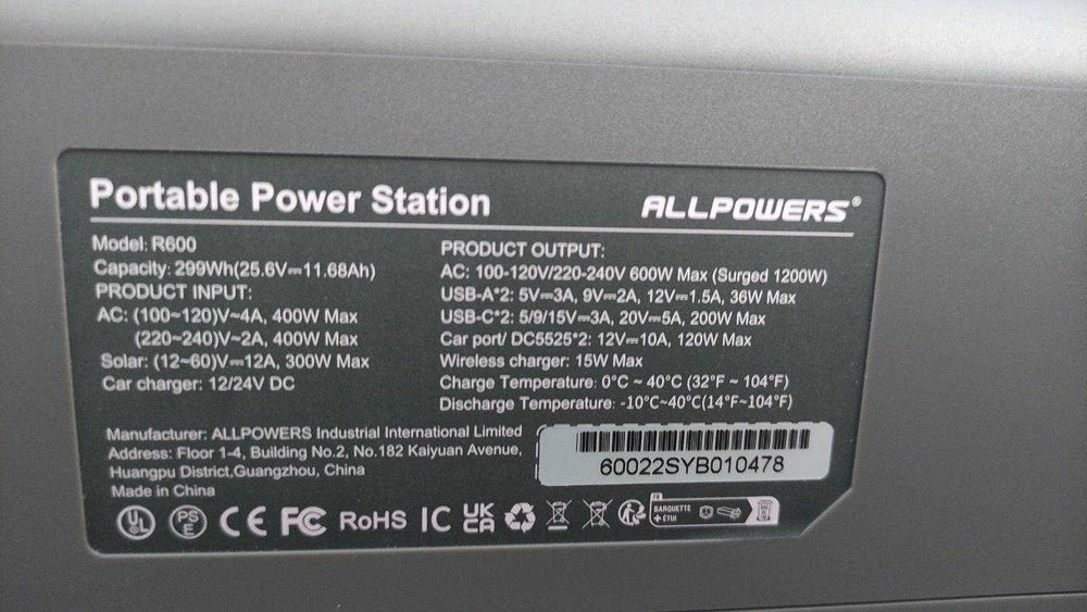 Портативна електростанція ALLPOWERS R600; LiFeP04; 600 Вт; 299 Вт·год