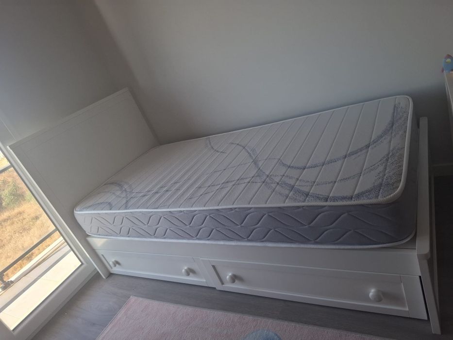 TRAMA - Cama individual branca com gavetas + colchão incluído
