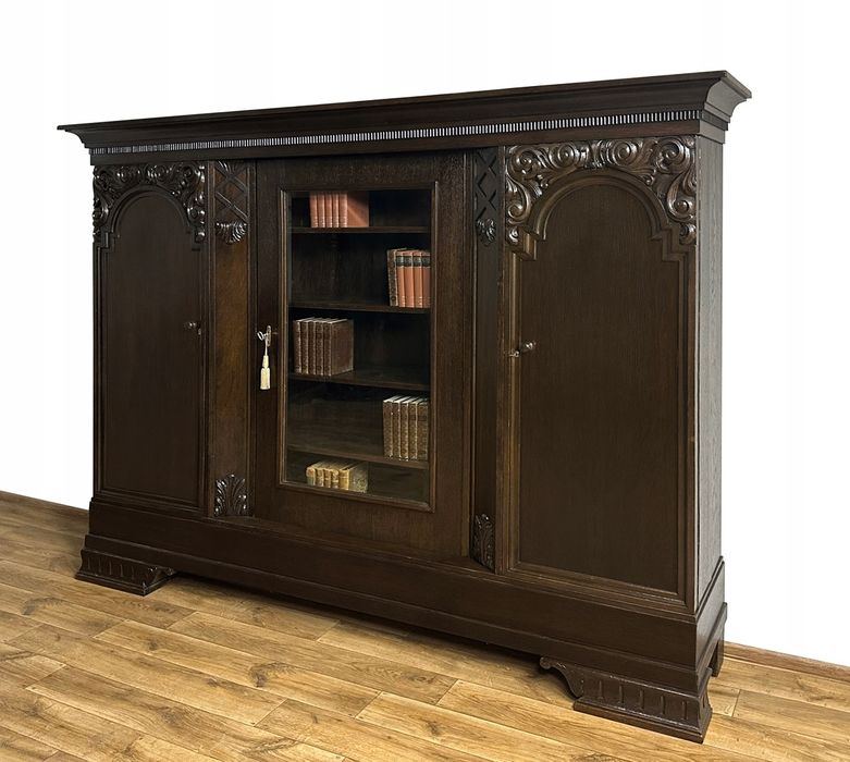 BIBLIOTEKA stuletnia ANTYK WITRYNA rzeźbiona 3-drzwiowa 2,4 m dł.