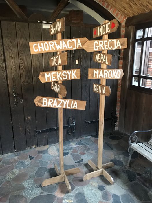 Drogowskazy weselne ślub wesele dekoracja motyw podróży