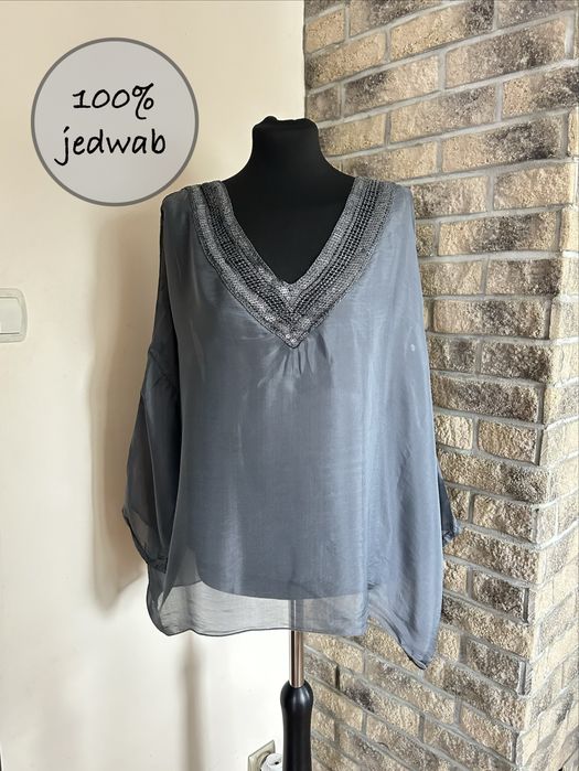 Jedwabna szara bluzka z cekinami 100% jedwab rozmiar M/L
