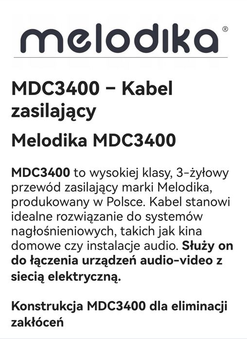 Kabel zasilający audio Melodika 3x4 mm dł 1.5m Wtyki Schuko Audiocrast.