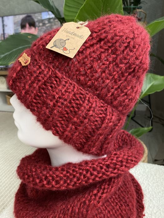 Czapka plus komin burgund welna handmade
