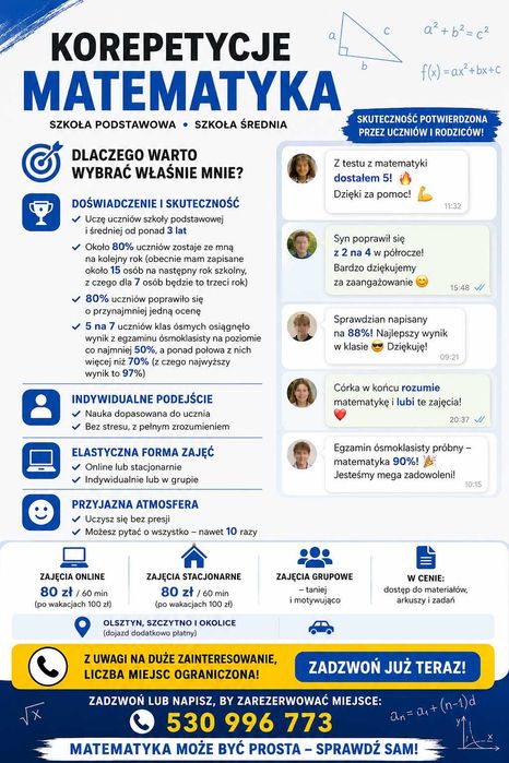 Matematyka Szczytno - promocja na wakacyjne poprawki, w wakacje tylko 80 zł za 60 min!