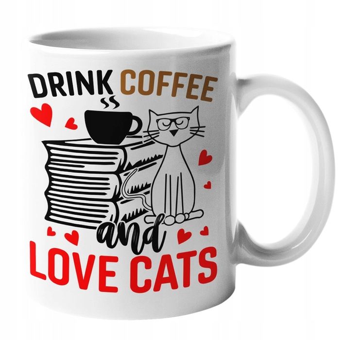 kubek kot ciekawy motyw - drink coffee and love cats - 330ml. + opakow