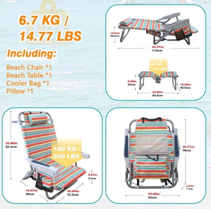 Składany fotel plażowy 5-pozycyjny z torbą chłodzącą i  stolikiem na k