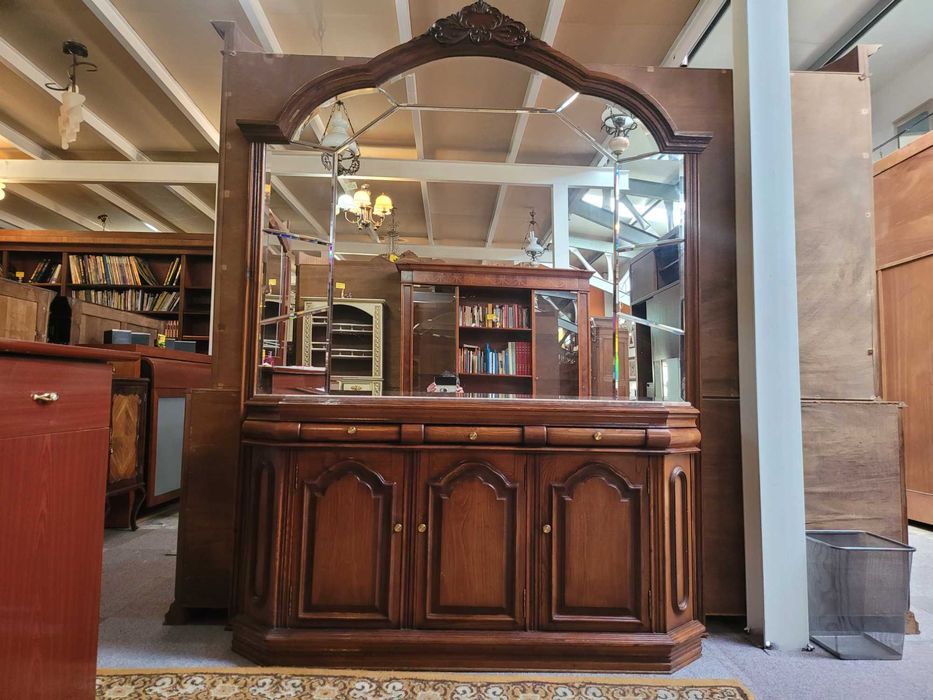 Wooden console table with stone top and large mirror - Good condition