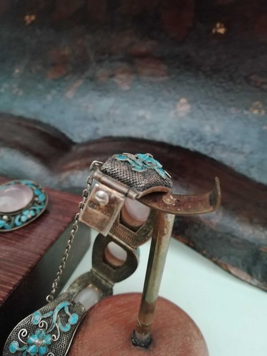 Joias em prata c/quartzo e esm. turquesa - Old China Export Silver