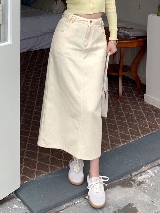 Spódnica  Jeansowa Maxi Bawełniana Prosta Beżowa Dazy Xs 34