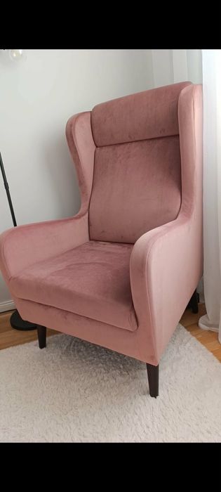 Fotel uszak welurowy, brudny róż, styl Boho/Glamour/Skandynawski