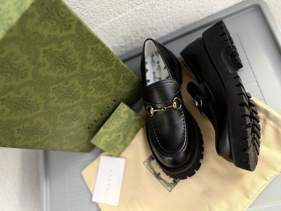 Mokasyny loafers traktor gruba podeszwa skóra logo klamra Horsebit Gucci