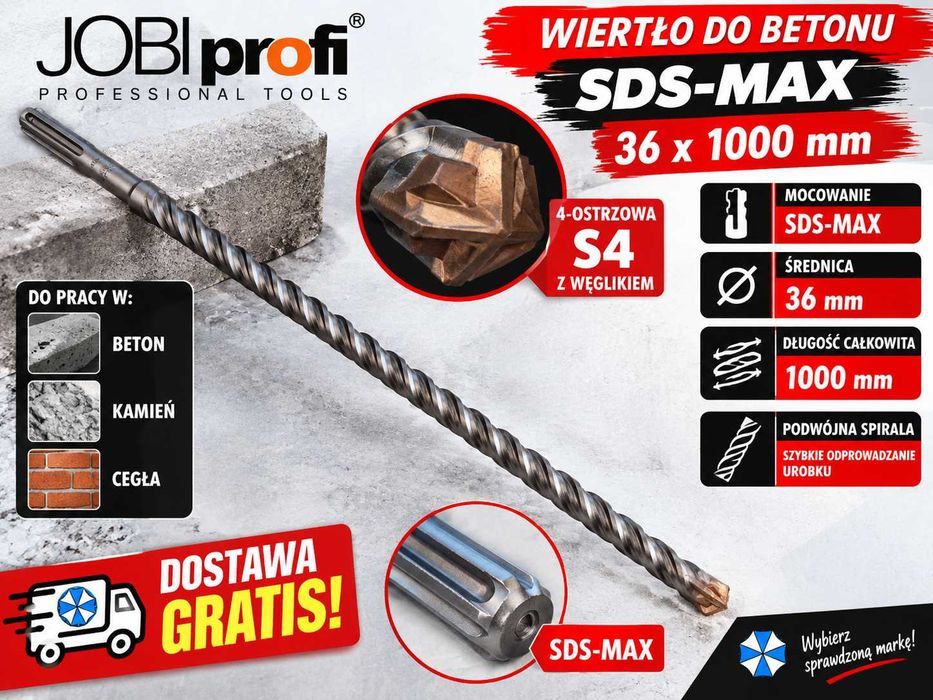 Darmowa Dostawa Wiertło 36mm x 1000mm SDS-MAX do betonu wiertło do muru 36mm sds-max wiertło 36mm sdsmax wiertło do betonu 36mm 83610 JOBIprofi