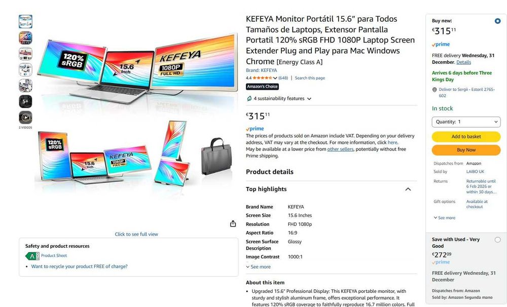 KEFEYA 15.6” s6 Triple Monitor Portatil para Todos Laptops  FHD 1080P