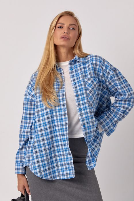 Блакитна сорочка в мілку клітинку, картата сорочка, рубашка в клетку