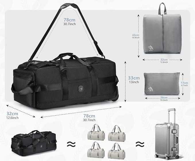 SUCIKORIO Torba Plecak Walizka Podróżna 3w1 na Kółkach 85L XL 78x33x32cm